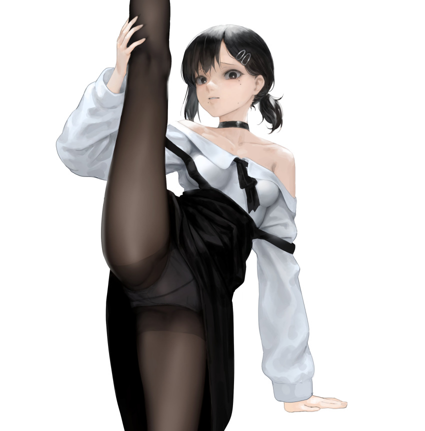 2020 absurd_res absurdres bare_shoulders black_hair black_leggings black_legwear black_stockings cameltoe chainsaw_man choker clavicle cute dark_hair egk513 higashiyama_kobeni high_resolution highres leg_grab leg_lift leg_up leggings legs legwear panties ponytail seductive see-through see-through_clothing standing_on_one_leg standing_split underwear