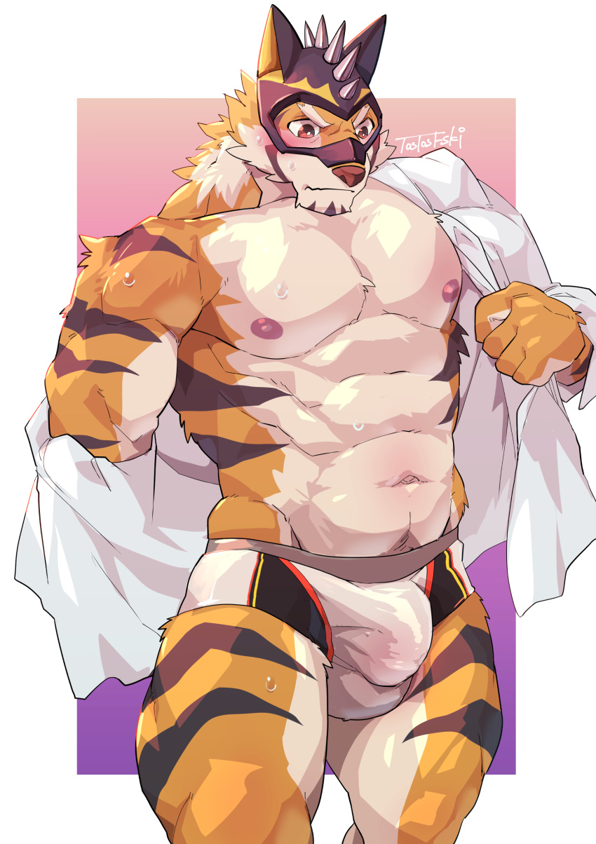 abs absurd_res anthro blush bulge clothing felid hi_res live-a-hero male male_only mammal mask muscular muscular_anthro muscular_male navel nipples pantherine pecs ryekie_(live_a_hero) simple_background solo solo_male speedo superhero swimwear tiger tos_tos_f_ski undressing