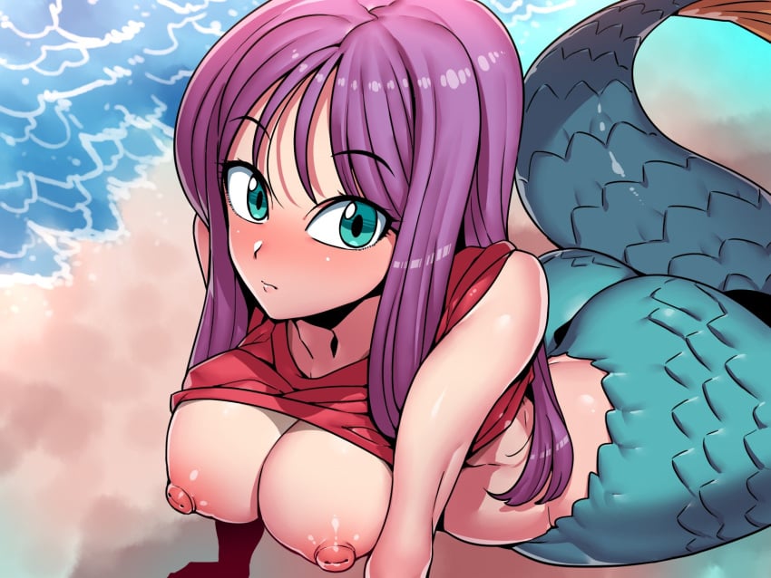 areolae arm_support ass bangs beach blush breasts breasts_out closed_mouth clothing dragon_ball dragon_ball_(classic) embarrassed eyebrows_visible_through_hair female female_focus from_above green_eyes highres large_breasts long_hair looking_at_viewer lying mermaid mermaid_(dragon_ball) monster_girl nipples no_bra ocean outdoors pie_pie puffy_nipples purple_hair red_shirt shirt shirt_lift sleeveless solo tsuki_wani tsukiwani tukiwani watersports