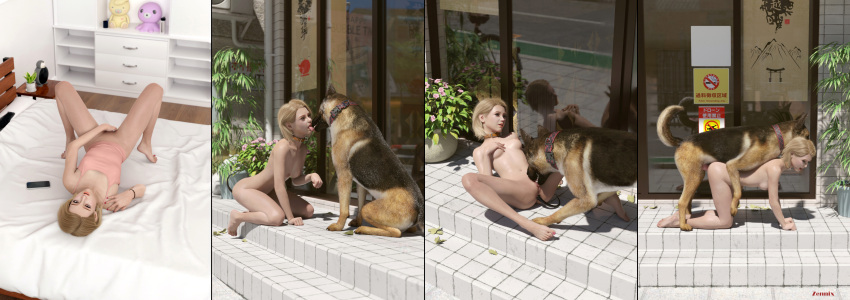 3d blonde_hair canine collar cunnilingus_from_canine dominant_feral female_human/male_feral female_kissing_feral female_on_feral femsub maledom nude petgirl petplay public_bestiality public_nudity public_sex sex short_hair zennix zoophilia