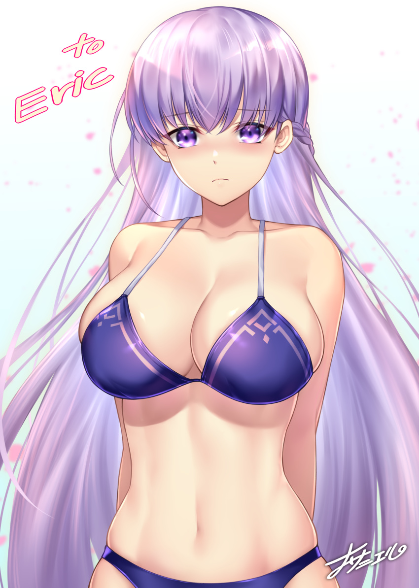 1girls absurdres alternate_breast_size big_breasts bikini blue_bikini blue_swimsuit blush braid breasts commission commissioner_upload embarrassed female fire_emblem fire_emblem:_the_binding_blade halterneck highres huge_breasts large_breasts long_hair looking_at_viewer midriff nasaniliu navel purple_bikini purple_eyes purple_hair signature simple_background skindentation solo solo_female sophia_(fire_emblem) swimsuit very_long_hair white_background