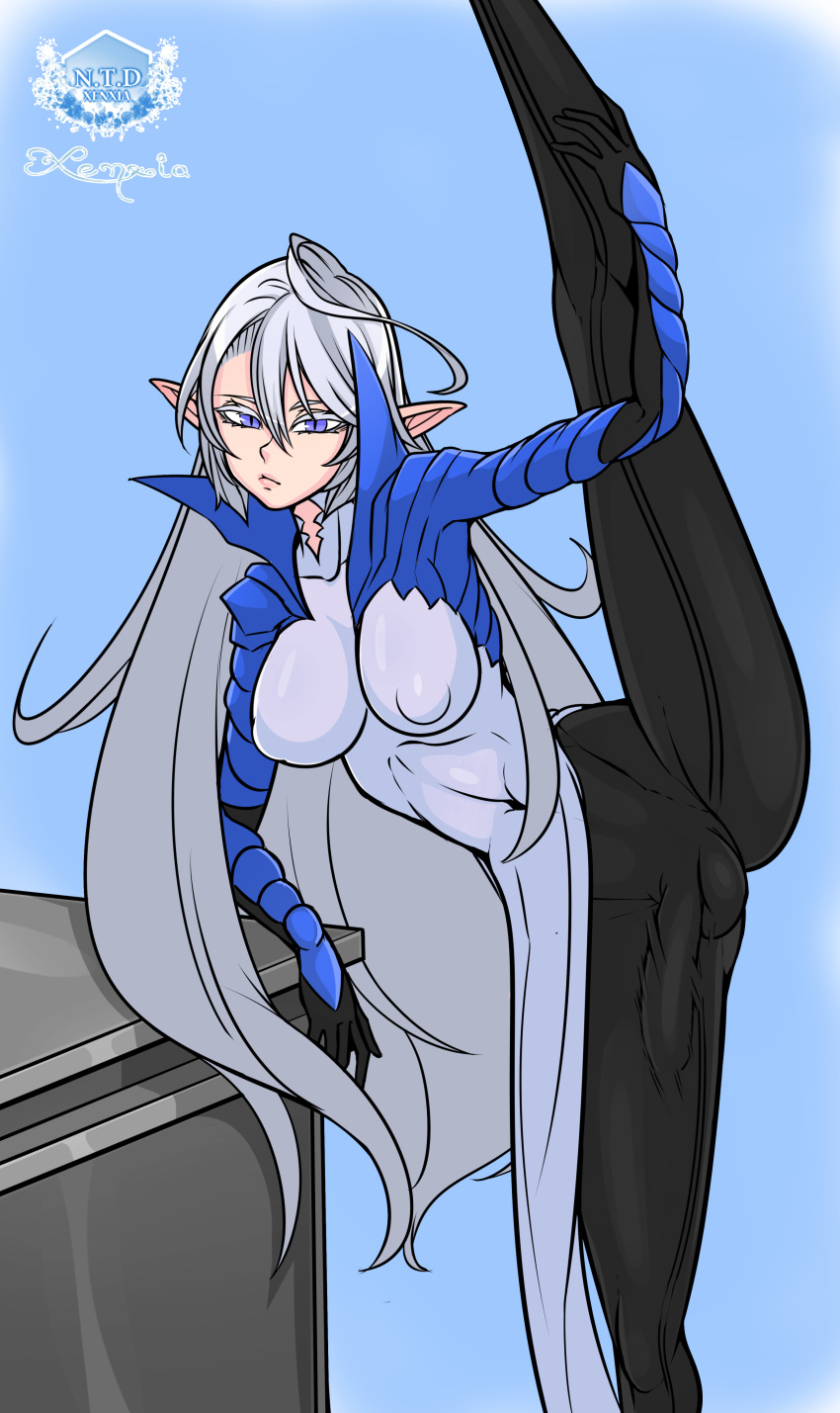 1futa ahoge alysin_drowphiah_(xenxia) atelier_sol_aer blank_stare blue_eyes bodysuit bulge clothed cowlick elf elf_ears erection_under_clothes full-package_futanari fully_clothed futanari high_collar leaning leaning_on_elbow leaning_on_object leg_up long_hair nipple_bulge oversplit penis penis_under_clothes pointy_ears silver_hair simple_background solo_futa spandex splits standing tights vertical_splits xenxia