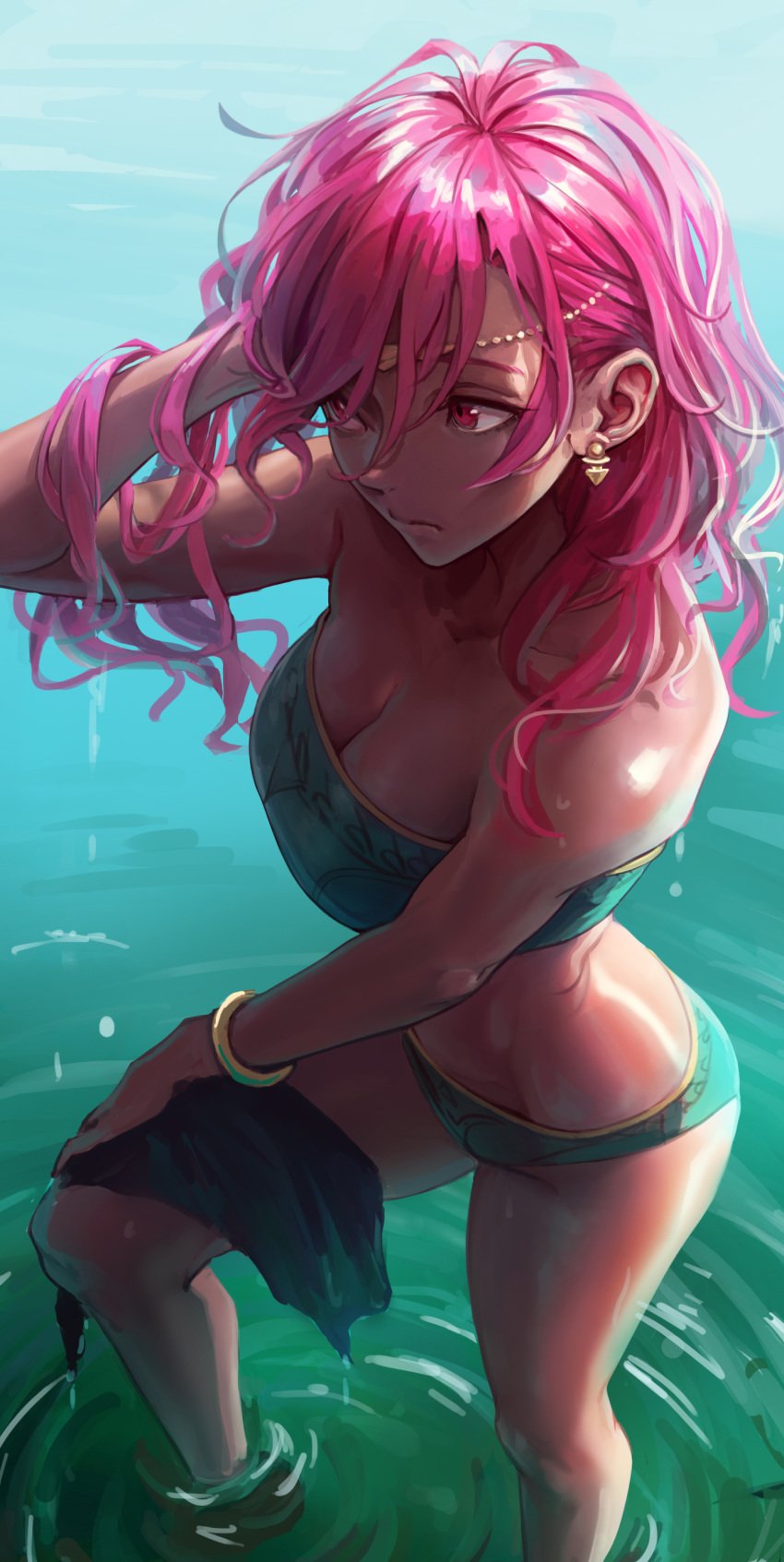 1girls absurdres big_breasts bikini bracelet breasts cleavage closed_mouth dark-skinned_female dark_skin earrings female fire_emblem fire_emblem:_three_houses green_bikini green_swimsuit hapi_(fire_emblem) highres jewelry kazuko_(towa) looking_down medium_hair nintendo ocean red_eyes red_hair sea solo solo_female swimsuit water