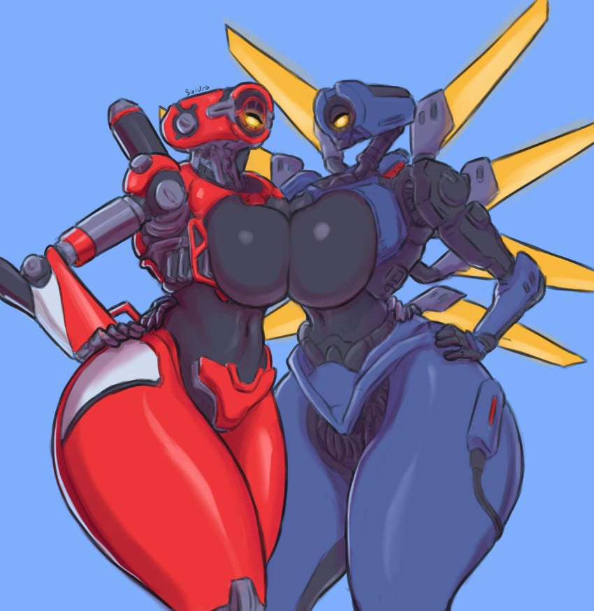 2girls 2robots anthro anthro_only apex_legends artist_name belly_button big_boobs big_breasts big_thighs big_tits blue_background blue_body boobs breasts breasts_squeezed_together breasts_to_breasts breasts_together camera_head duo duo_female duo_focus female female/female female_focus female_only hand_on_hip looking_at_viewer multiple_girls one_eye pathfinder_(apex_legends) posing red_body robot robot_girl robot_humanoid rule_63 saidra simple_background thick_thighs tits two_tone_body ultrakill v1_(ultrakill) wings yellow_eye