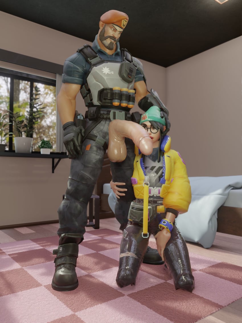 1boy 1girls 3d ammo_belt balls beanie beard belt beret big_balls big_penis black_gloves boots brimstone_(valorant) camo_clothing camo_print camouflage_pants cargo_pants carpet clothed_female clothed_male cock_shock cropped_jacket dominant_male female femsub fighting_gloves fit fit_male gloves green_beanie green_hat hand_on_another's_head hand_on_head hanging_balls headwear holster holstered_weapon huge_cock imminent_fellatio imminent_oral indoors jacket kevlar_vest killjoy_(valorant) kneeling large_testicles larger_male leg_cling leg_hug light-skinned_male long_balls looking_at_penis male maledom muscles muscular_male on_knees padded_gloves pants penis penis_awe penis_out penis_through_fly presenting_penis puffy_jacket red_beret red_headwear round_glasses short_sleeves size_difference sleeves_pushed_up smaller_female submissive submissive_female thick_penis thigh_holster thigh_strap tight_pants tiles valorant wide_shoulders yellow_jacket zipper