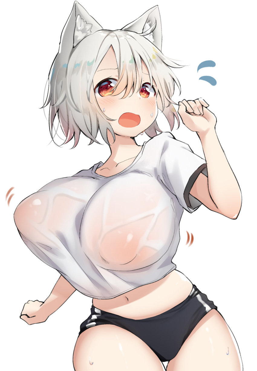 1girls alternate_costume animal_ears bouncing_breasts breasts buruma flying_sweatdrops gym_uniform large_breasts mamemochi midriff momiji_inubashiri navel no_bra open_mouth orange_eyes puffy_nipples see-through shirt short_hair simple_background solo sweat touhou wet wet_clothes wet_shirt white_background white_hair white_shirt wolf_ears