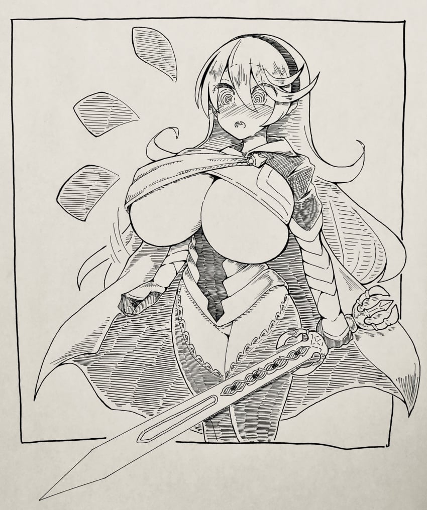 1girls @_@ bottomless breast_expansion breasts bursting_breasts cape corrin_(fire_emblem) corrin_(fire_emblem)_(female) female fire_emblem fire_emblem_fates gigantic_breasts handdrawn huge_breasts hypnosis inner_thighs large_breasts long_hair mind_control monochrome nintendo no_panties pencil_(artwork) rimota solo sword tagme underboob very_long_hair