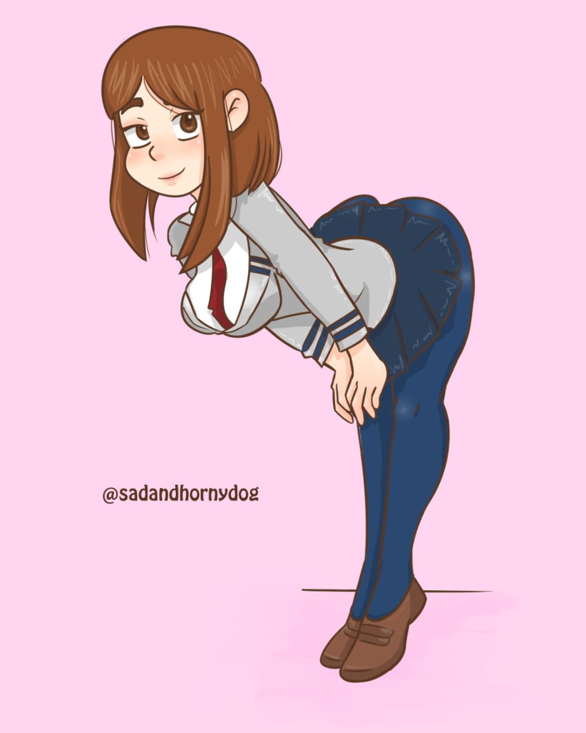 bending_over bent_over big_ass big_butt blush blushing brown_hair cute looking_at_viewer my_hero_academia ochako_uraraka pink_background sadandhornydog school school_girl school_uniform short_hair