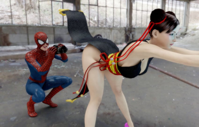 3d asian camera capcom chun-li crossover drooling female guhzcoituz hips kikouken male marvel marvel_comics marvel_vs._capcom pervert peter_parker qipao spandex spider-man spider-man_(series) straight_hair street_fighter taking_picture thong thunder_thighs