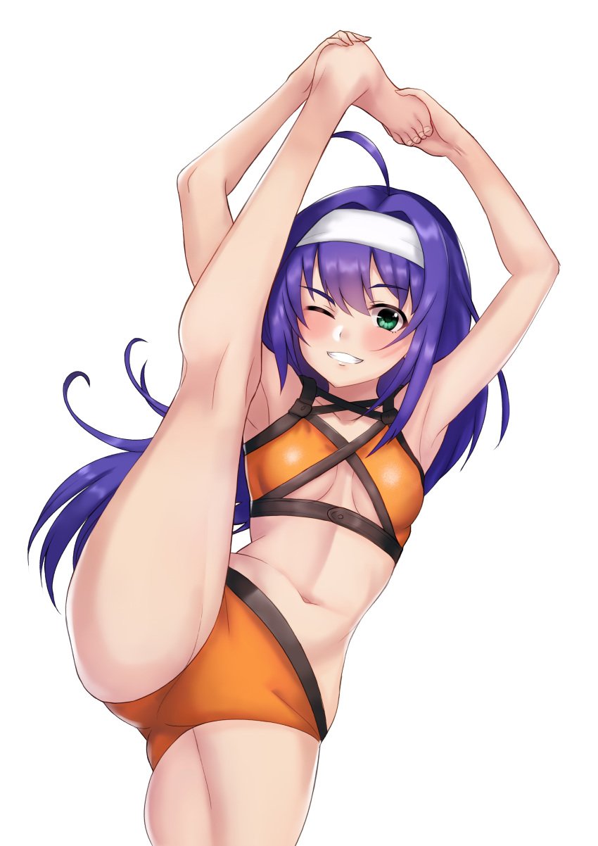 absurdres ahoge armpits bare_shoulders barefoot bikini blush breasts female fire_emblem fire_emblem:_path_of_radiance fire_emblem:_radiant_dawn fire_emblem_heroes green_eyes grin gupunetsu hairband hands_on_feet highres kneepits leg_lift leg_up mia_(fire_emblem) mia_(summer)_(fire_emblem) midriff navel nintendo one_eye_closed orange_bikini orange_swimsuit purple_hair smile solo splits standing standing_on_one_leg swimsuit underboob vertical_splits white_hairband