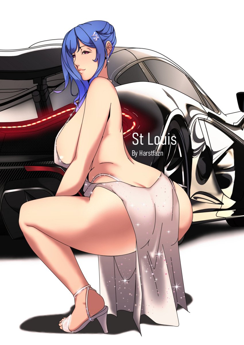 1girls ass azur_lane big_ass blue_hair car cleavage_dress dress feet female female_only halter_dress harstfazn high_heel_sandals high_heels open_toe_shoes sandals sideboob solo squatting st._louis_(azur_lane) st._louis_(luxurious_wheels)_(azur_lane) thong