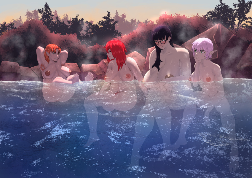 4girls armpit_hair dwarf eclair_de_lune elf feet glasses hot_spring keiko_aoyama kokobiel multiple_girls nude_female petra_piston-fist pink_hair red_hair soles