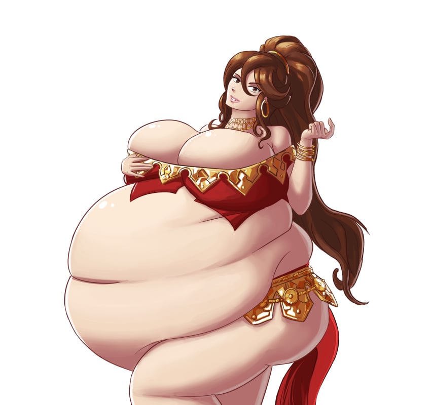 1girls bbw brown_hair chubby cleavage female female_only hand_gesture huge_belly huge_breasts jewelry long_hair looking_at_viewer obese octopath_traveler ponytail primrose_azelhart red_clothes skimpy_clothes solo tagme thick_thighs thickerwasp white_background