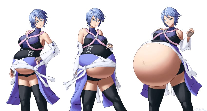 1girls aqua_(kingdom_hearts) belly_expansion big_breasts blue_clothing blue_hair corset disney female fully_clothed huge_belly kingdom_hearts navel short_hair sideboob square_enix stuffing tagme thick_thighs thickerwasp weight_conscious white_background