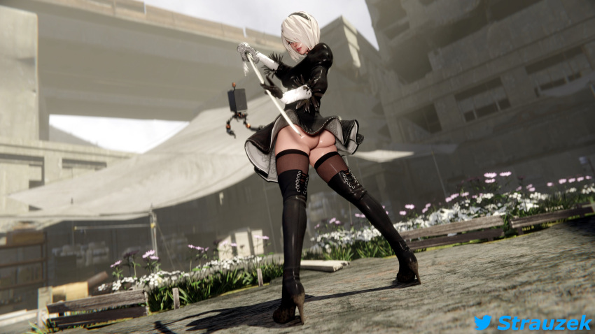 1girls 3d ass blender blue_eyes bubble_butt busty clothed clothing dat_ass exposed_ass female female_focus female_only hourglass_figure katana looking_at_viewer looking_back nier:_automata no_panties pinup pod_(nier) pose posing rear_view shiny_skin skirt slender_waist solo strauzek sword tagme thigh-high_boots thigh_boots thigh_highs thighhigh_boots twitter_username wide_hips wind_lift yorha_2b