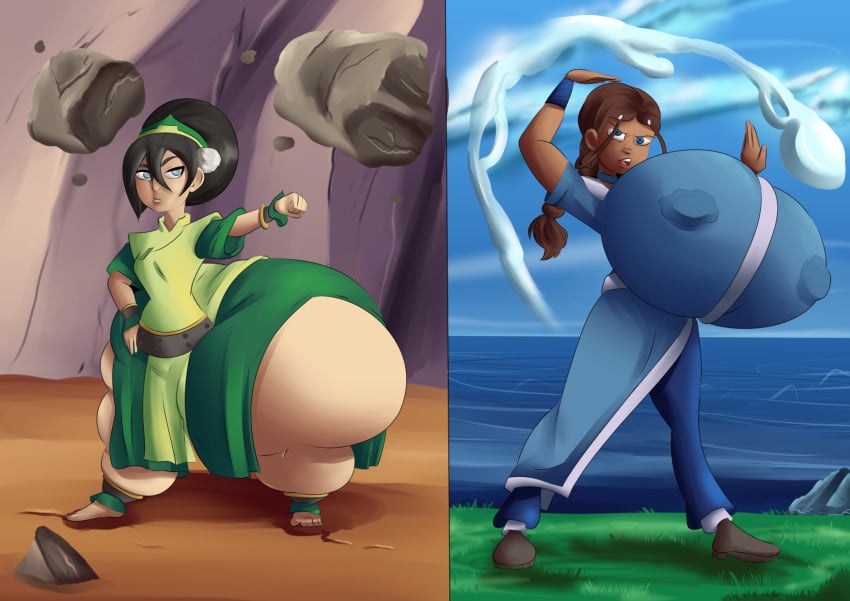 2girls ass_bigger_than_breasts ass_vs_breasts avatar_the_last_airbender black_hair blue_eyes bottom_heavy breast_size_difference breasts breasts_bigger_than_ass brown_hair butt_size_difference clothing cross-eyed dark-skinned_female dark_skin erect_nipples erect_nipples_under_clothes female gigantic_breasts huge_ass huge_breasts hyper hyper_ass hyper_breasts katara large_breasts nickelodeon nipple_bulge ponytail rock shortstack theneverwere thick_thighs thighs top_heavy toph_bei_fong water