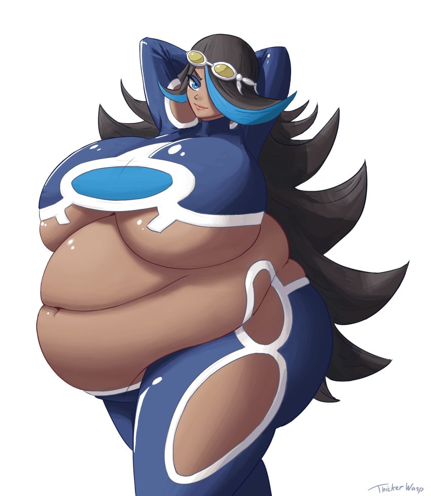 arms_behind_head bbw black_hair blue_eyes blue_hair chubby dark_skin fat goggles huge_belly huge_breasts lipstick long_hair looking_at_viewer morbidly_obese multicolored_hair obese pokémon pokemon pokemon_oras shelly_(pokemon) shelly_(pokemon_oras) silvina_(pokémon) swimsuit tagme thickerwasp underboob white_background