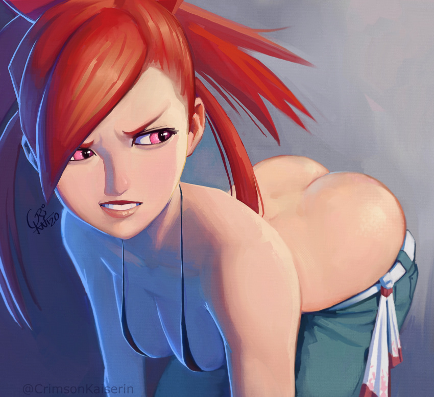 1girls ass ass_cleavage bare_shoulders bent_forward bent_over big_ass bikini bikini_top breasts butt_crack cleavage clenched_teeth crimson_kaiserin female flannery_(pokemon) flannery_(pokemon_oras) furrowed_eyebrows grimace hair_up hanging_breasts jeans leaning_forward looking_back narrow_waist nintendo no_panties pale_skin pants_down pants_pulled_down pink_eyes pokemon pokemon_rse red_eyebrows red_eyes red_hair round_ass small_breasts