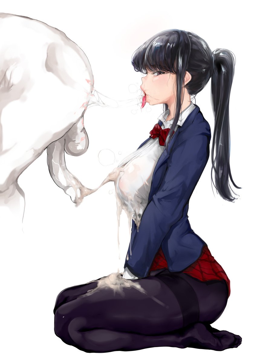 1boy 1girls after_paizuri after_rimming anilingus big_breasts cum cum_on_body cum_on_breasts heart-shaped_pupils kiss_mark komi-san_wa_komyushou_desu komi_shouko large_breasts light-skinned_female light_skin lipstick_mark male_anilingus male_silhouette mamimi_(mamamimi) no_shoes pantyhose rimjob rimming saliva_trail sfh silhouette stray_pubic_hair