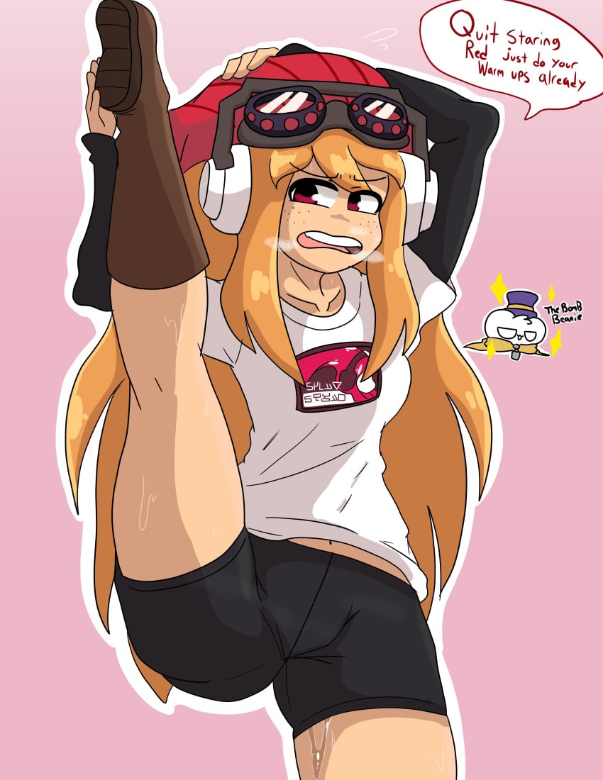 beanie_hat bike_shorts egirl female female_only freckles fully_clothed headphones heavy_breathing human_meggy leg_up long_hair meggy_spletzer open_mouth orange_hair smg4 solo standing_on_one_leg stretching sweat thebombbeanie youtube youtuber