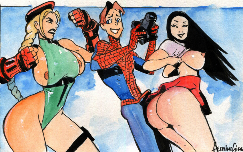 angry ass beret black_hair blue_eyes boner breasts brown_hair camera cammy_white capcom caught_in_the_act caught_on_camera commission crossover eastern_and_western_character erection female flashing gauntlets horny leotard lifting_skirt marvel marvel_comics marvel_vs._capcom nipples_visible_through_clothing no_panties pervert peter_parker photographer schoolgirl smiling spider-man spider-man_(series) straight straight_hair street_fighter taking_clothes_off tamoerae top topless_female