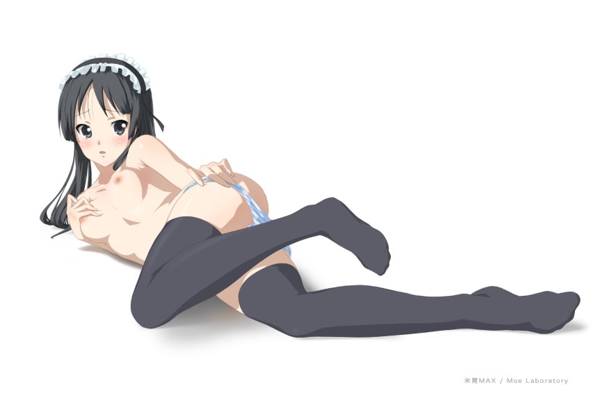 :o black_eyes black_hair black_legwear black_thighhighs blush breast_hold breasts female female_only highres human human_only k-on! komeimax long_hair lying maid_headdress mio_akiyama_(k-on!) nipples panties panty_pull simple_background solo striped striped_panties thighhighs underwear