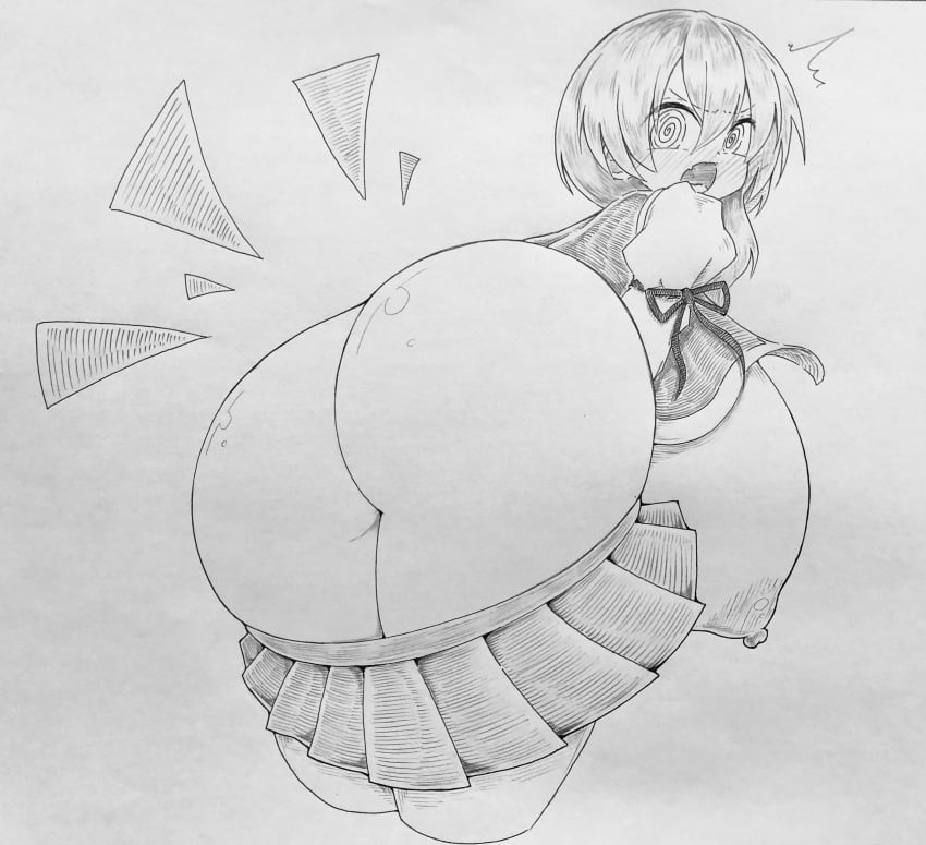 @_@ absurdres ass ass_expansion ass_up blush breast_expansion breasts eiki_shiki exposed_breasts female gigantic_breasts highres huge_ass huge_breasts monochrome nipples no_panties open_mouth presenting presenting_hindquarters rimota short_hair sketch skirt skirt_down skirt_pull solo touhou