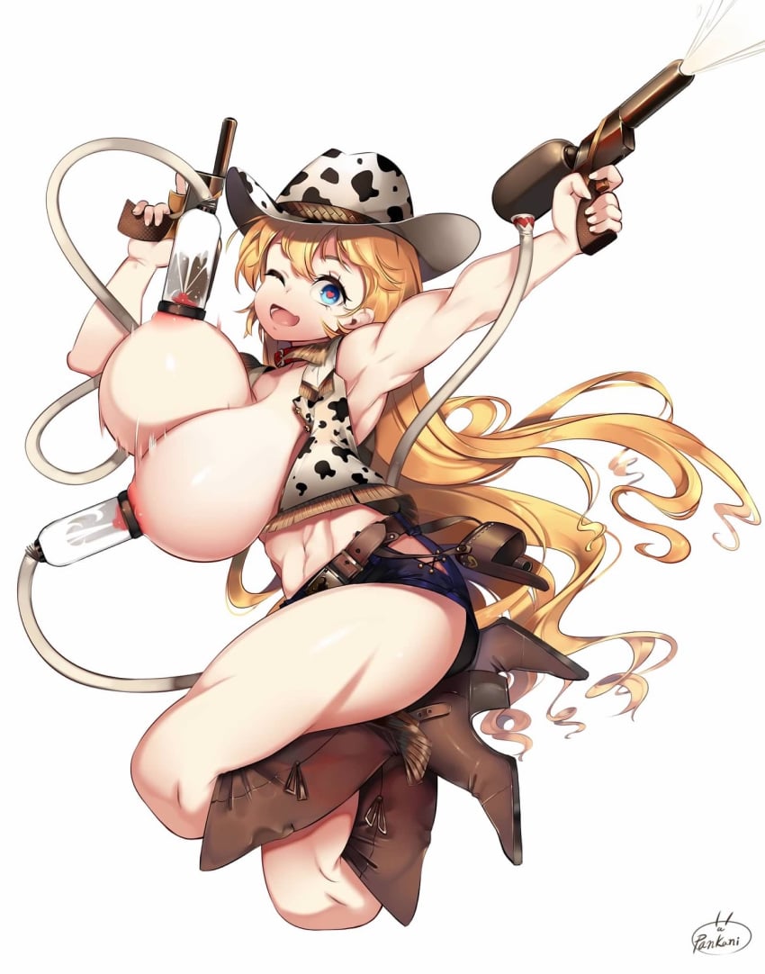 1girls blue_eyes boots cow_girl cowboy_hat cowgirl female heart-shaped_pupils hucow huge_breasts lactating lactation long_hair milking_machine pankani squirt_gun voluptuous wink