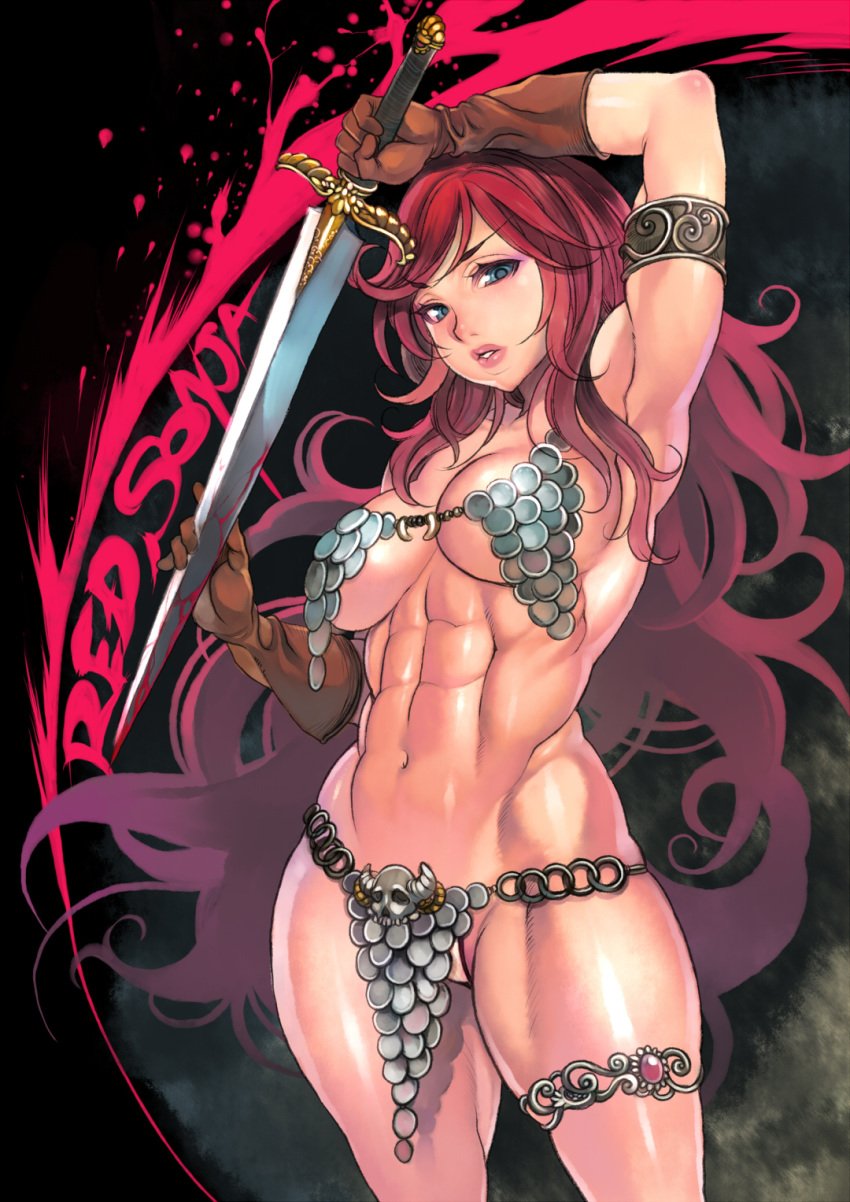 1girls abs belly chainmail chainmail_bikini conan_the_barbarian_(series) f.s. large_breasts long_hair muscular_female red_hair red_sonja red_sonja_(comics) sword voluptuous