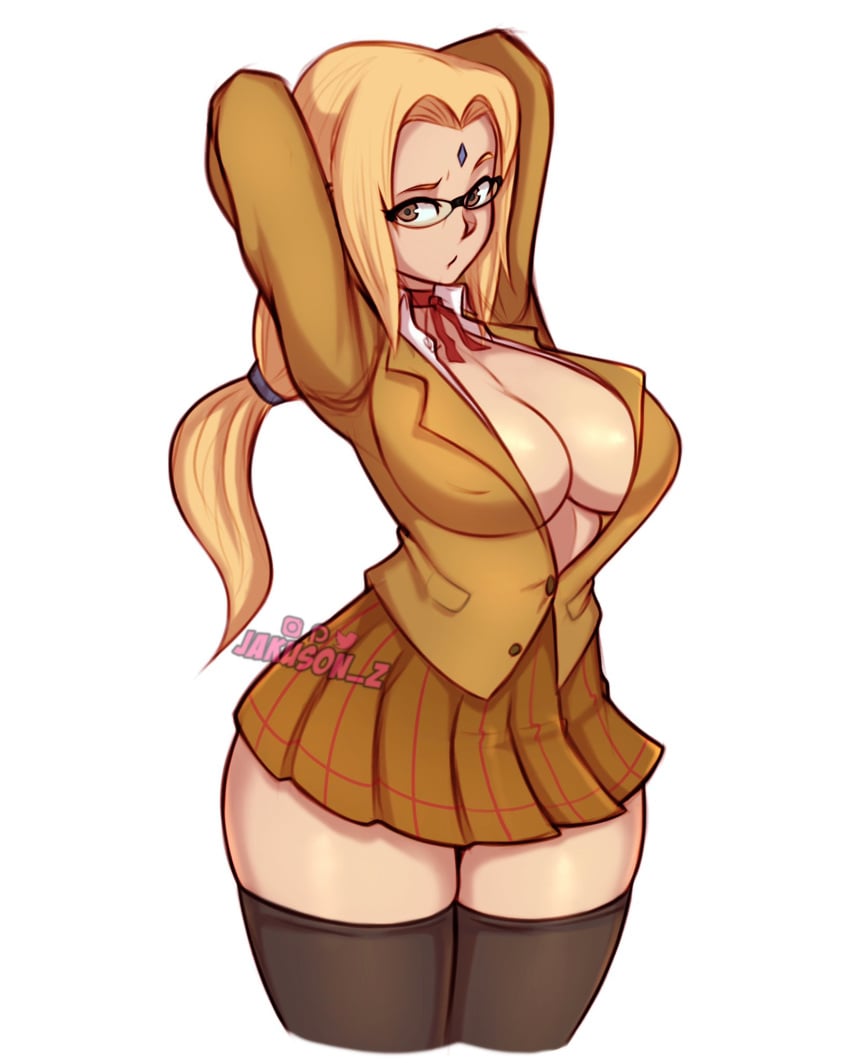 1girls 2020 big_breasts blonde_hair breasts brown_eyes cleavage clothed_female cosplay eye_contact female female_focus female_only glasses jakuson_z large_breasts long_hair looking_at_viewer naruto naruto_(series) prison_school school_uniform shiraki_meiko_(cosplay) skirt thick_thighs thighhighs thighs tsunade white_background zettai_ryouiki