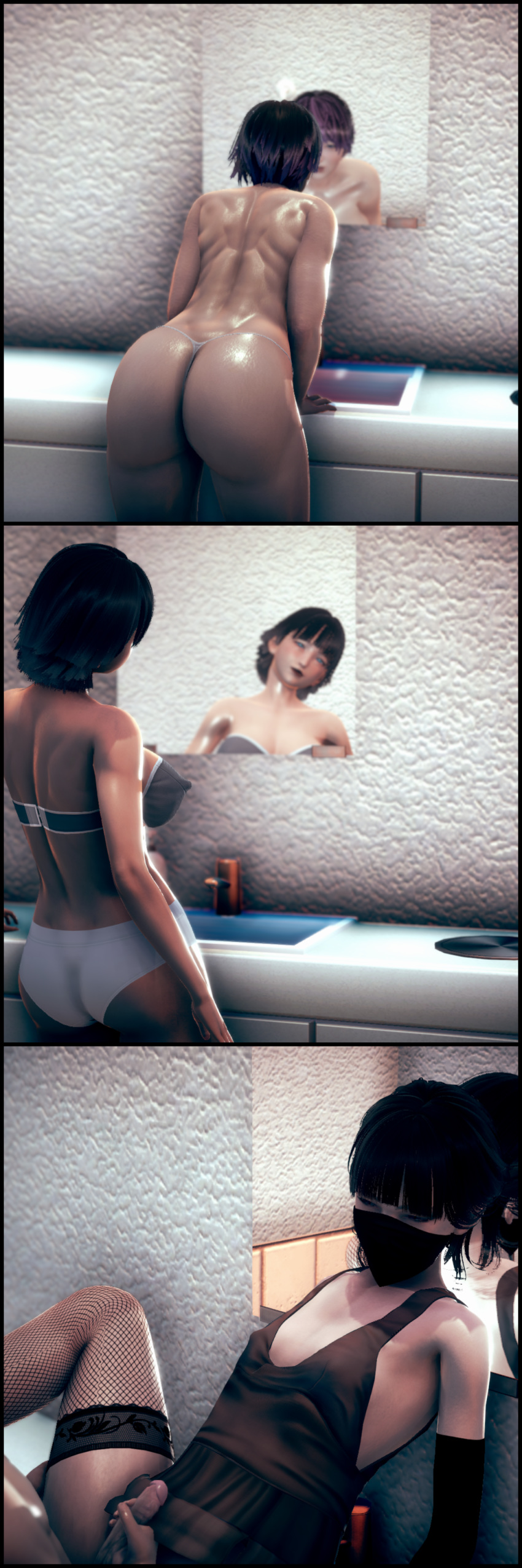 2boys 3d anal anal_sex ass bathroom bathroom_sex big_penis crossdressing femboy girly handjob handjob_while_penetrating honey_select huge_ass impi large_breasts mirror on_counter posing pounding reflection short_hair tagme takada_(impi) trap underwear yaoi yuji_(impi) yuu_(impi)