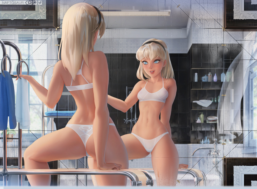 blue_eyes bra dc hairband kara_danvers kara_zor-el mirror mirror_image naftosaur panties platinum_blonde_hair reflection small_breasts supergirl supergirl_(series) superheroine underwear underwear_only white_bra white_panties