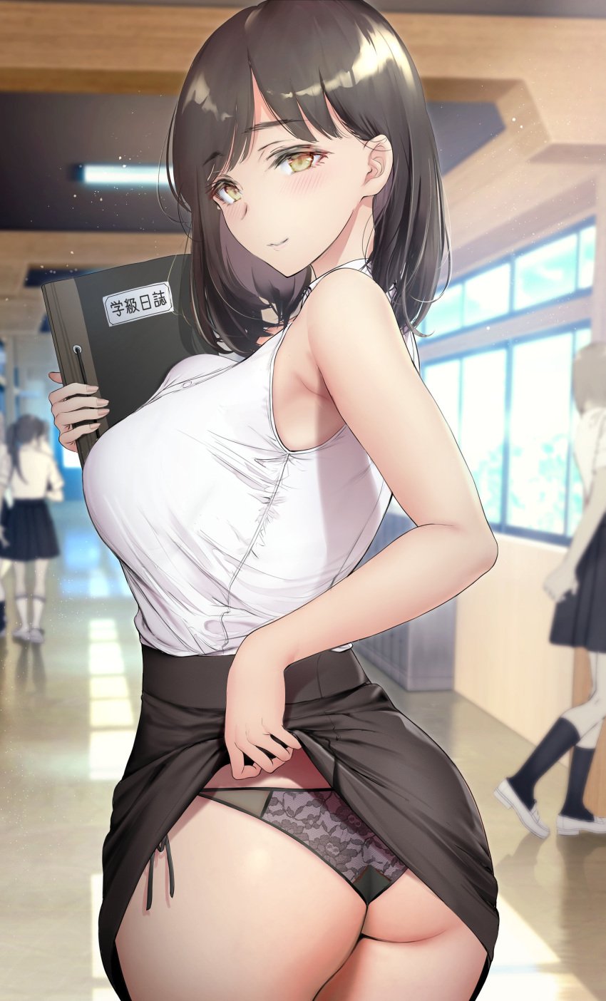 4girls armpits ass bangs bare_arms bare_shoulders black_hair black_legwear black_panties black_skirt blurry blush breasts brown_hair ceiling_light clothes_lift depth_of_field eyebrows_visible_through_hair fat_ass flashing gentsuki hallway holding holding_notebook kneehighs lace-trimmed_panties lace_trim lifted_by_self light_particles lingerie looking_at_viewer looking_back medium_hair multiple_girls notebook original panties parted_bangs pencil_skirt pleated_skirt ponytail school_hall school_uniform seductive_smile shirt side-tie_panties skirt skirt_lift sleeveless sleeveless_shirt smile solo_focus standing teacher turning_head underwear white_footwear white_shirt window yellow_eyes