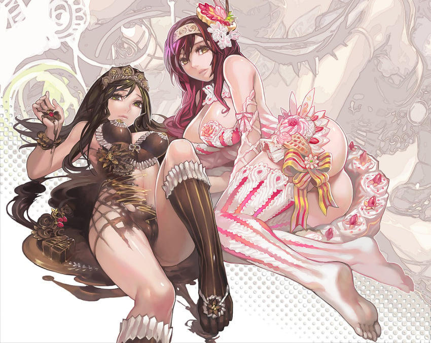 2girls aoin ass cake chocolate chocolate_on_breasts chocolate_on_pussy cream cream_on_body dark_green_hair dessert feet female females_only fruit green_eyes maid nyotaimori original original_character pink_hair pussy ribbon strawberry yellow_eyes