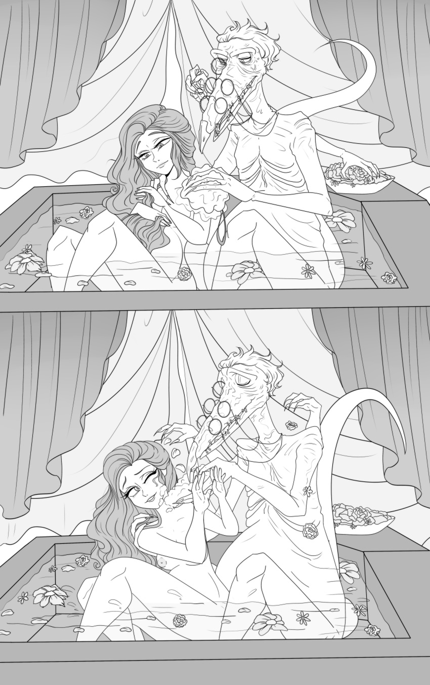 1girls bathing bathtub breasts female human_on_anthro human_on_humanoid monochrome nipples okairagiso skekok skeksis straight the_dark_crystal