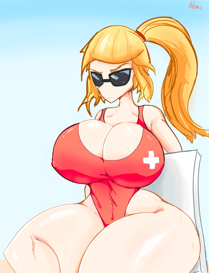 absurdres adomo atomboi_(artist) bare_shoulders blonde_hair blonde_ponytail breasts breasts_bigger_than_head bursting_breasts cleavage female female_only highres huge_breasts huge_thighs lifeguard lifeguard_chair long_hair metroid nintendo one-piece_swimsuit ponytail red_one-piece_swimsuit red_swimsuit samus_aran sitting solo sunglasses sweat swimsuit thick_thighs tight_clothing tinted_eyewear wide_hips