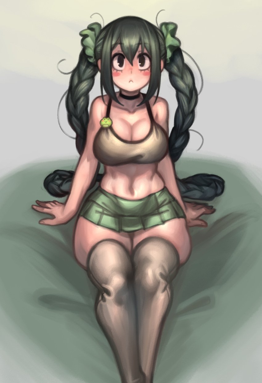 1girls :( big_breasts big_eyes blush bra braided_hair braids breasts choker cleavage dark_green_hair eye_contact eyebrows_visible_through_hair female hair_ornament kelvin_hiu long_hair long_twintails looking_at_viewer messy_hair miniskirt my_hero_academia neoteny pleated_skirt pushup_bra rosy_cheeks sidelocks sitting skindentation skirt stray_hair tank_top thick_thighs thigh_socks thighhighs thighs tsuyu_asui twin_braids twintails wide_hips