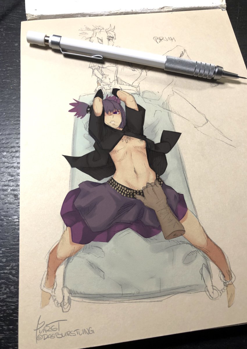 arknights arms_up burstling exposed_breasts female half-dressed handcuffs hands_tied lava lava_(arknights) light_skin on_back on_bed pinup short_hair skirt skirt_pull small_breasts tied_to_bed tied_up tomboy traditional_media_(artwork) violet_eyes violet_hair white_skin