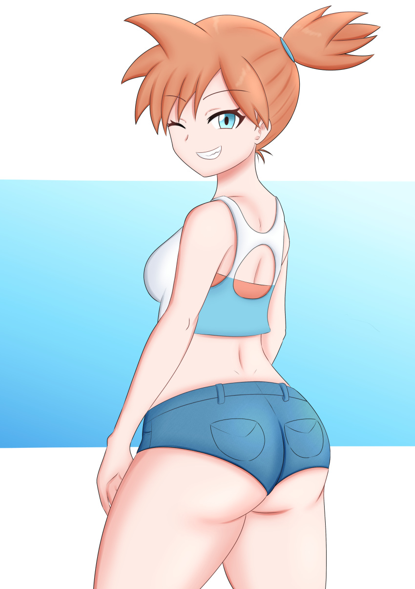 1girls ass big_ass blue_eyes breasts eye_contact female gym_leader high_resolution kasumi_(pokemon) kiteman442 looking_at_viewer minishorts misty_(pokemon) misty_(pokemon_lgpe) nintendo one_eye_closed orange_hair pokemon pokemon_lgpe pokemon_rgby short_hair shorts sideboob smile thick_thighs thighs