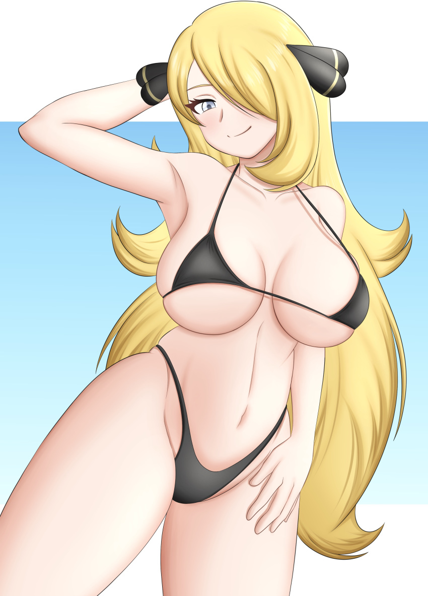 1girls armpits big_breasts bikini blonde_hair breasts cynthia_(pokemon) female grey_eyes hair_ornament high_resolution kiteman442 long_hair looking_down nintendo pokemon pokemon_dppt smile thick_thighs thighs