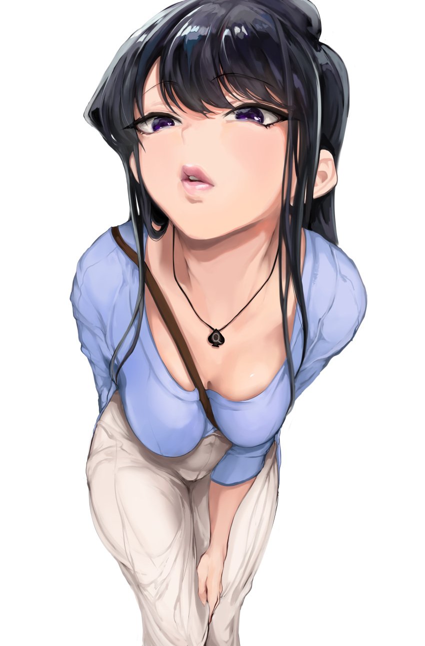 1girls asian bending_forward bending_over bent_over big_lips black_eyes black_hair cameltoe close-up clothed_female clothing dark_blue_hair dress female fringe front_view fully_clothed grey_eyes jewelry komi-san_wa_komyushou_desu komi_shouko light-skinned_female light_skin lips long_hair looking_at_viewer mamimi_(mamamimi) necklace no_bra open_mouth pale-skinned_female petite pov purple_eyes purple_hair queen_of_spades schoolgirl seductive_eyes seductive_look seductive_mouth shirt spade_necklace white_background