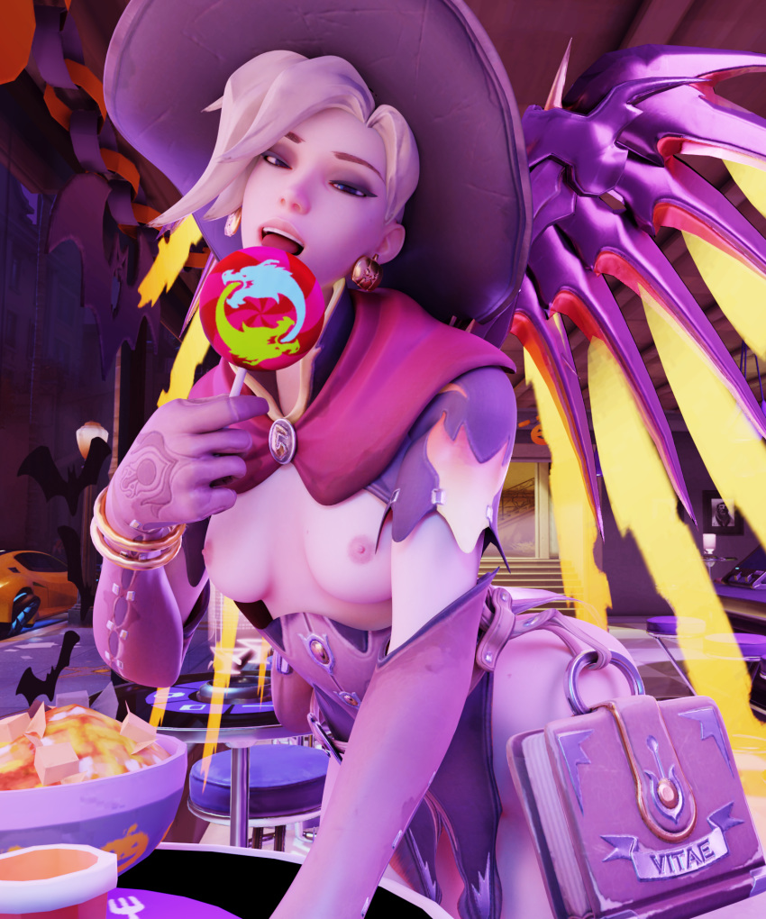 3d blonde_hair blue_eyes breasts candy fjvnb halloween_2020 lust mercy overwatch suit witch_mercy