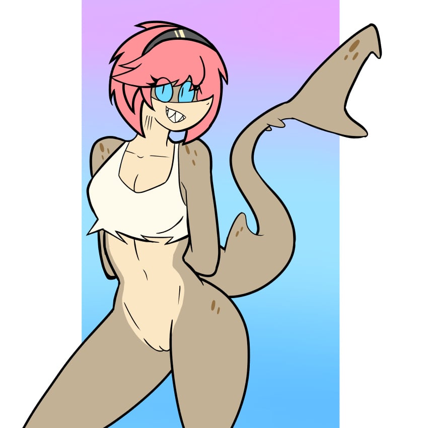 1girls 2020 abstract_background absurd_res blue_sclera bottomless cleavage fangs furry headband melty_(tapes) pink_hair pinup pussy shark shark_girl sharp_teeth short_hair tapes transparent_background vagina