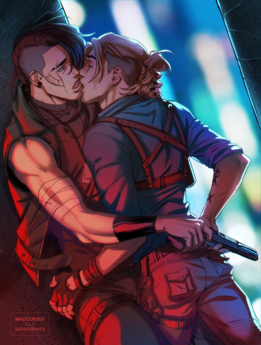 2boys ass ass_grab blurry_background gun hand_on_ass hand_on_hip hip_grab human human_only kissing light madcursed male male_only mark mohawk red_light stefan wendibones yaoi