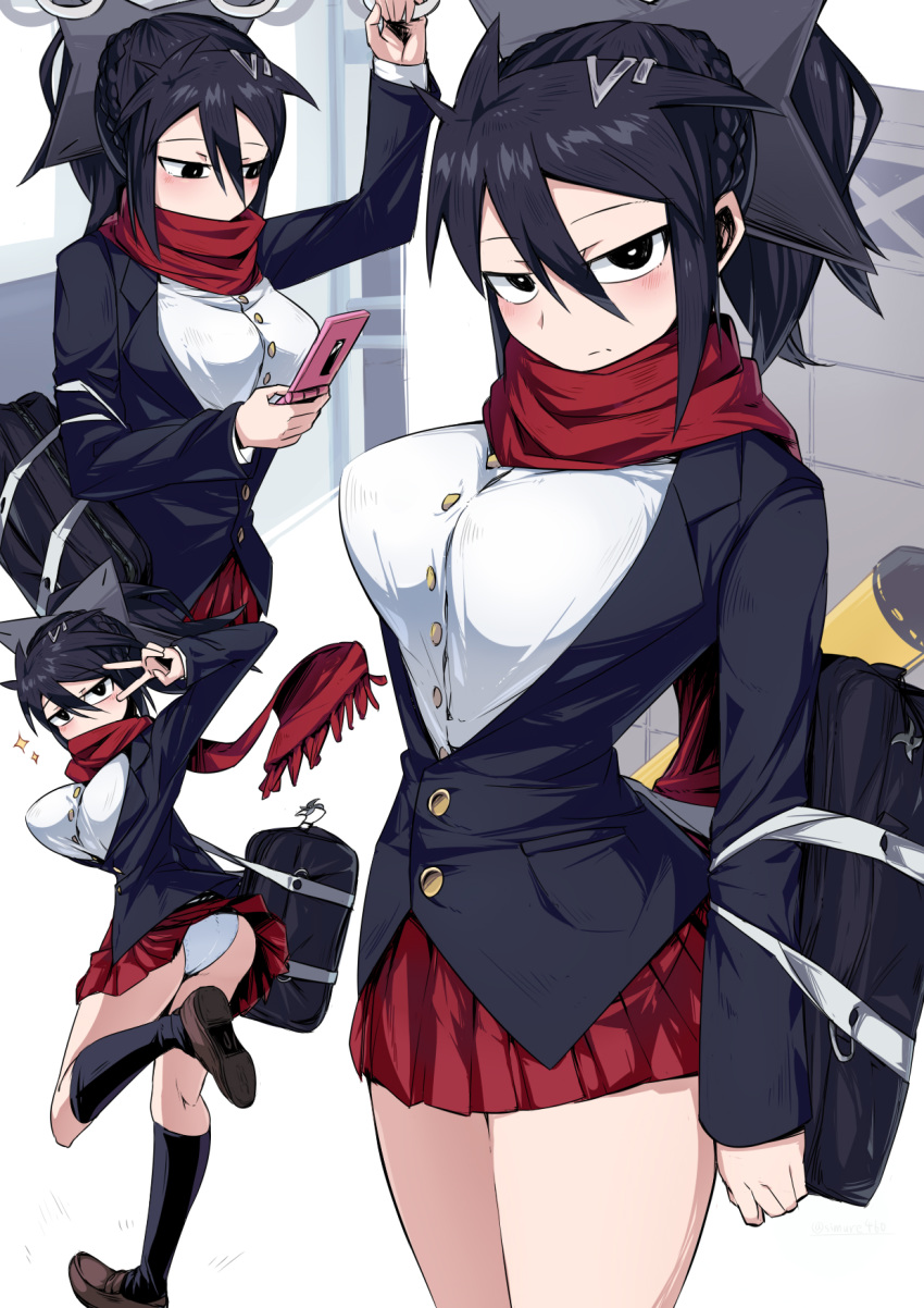 1girls 2020 ass bag black_eyes black_hair blush breasts clothed clothing covered_mouth female female_only hair_between_eyes hairpin highres holding_object holding_phone kneehighs large_breasts looking_at_phone looking_at_viewer looking_back maiba_izuzu matching_hair/eyes multiple_views ninja open_clothes open_shirt original panties pantyshot pantyshot_(standing) partially_unbuttoned phone pleated_skirt ponytail pose raised_leg red_scarf scarf shirt shoes short_ponytail shuriken skirt skirt_up smartphone solo sparkle standing standing_on_one_leg suzusiigasuki thick_thighs thighs tied_hair train train_interior unbuttoned v white_panties