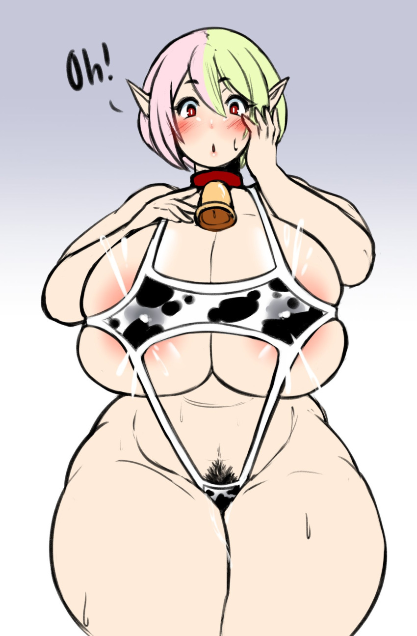 1girls big_breasts blush breast_milk breasts chubby cleavage cow_print cowbell female female_only huge_breasts jojoniumart lactation large_breasts looking_at_viewer mature_female milf milk mochi_(jojoniumart) pointy_ears pubes pubic_hair short_hair skimpy solo thick_thighs thighs two_tone_hair