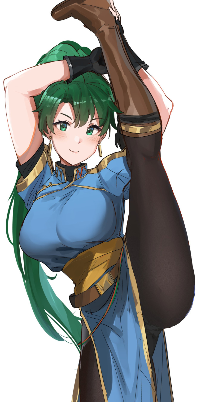 absurdres asymmetrical_bangs bangs belt black_legwear black_pants blue_dress blush boots breasts brown_footwear closed_mouth dress earrings female fire_emblem fire_emblem:_the_blazing_blade flexible green_eyes green_hair gusset high_ponytail highres jewelry knee_boots large_breasts leg_lift leg_up leggings long_hair looking_at_viewer lyn_(fire_emblem) lyndis_(fire_emblem) nintendo ormille pants pantyhose pelvic_curtain ponytail sash short_sleeves simple_background smile splits standing standing_on_one_leg thighs vertical_splits white_background