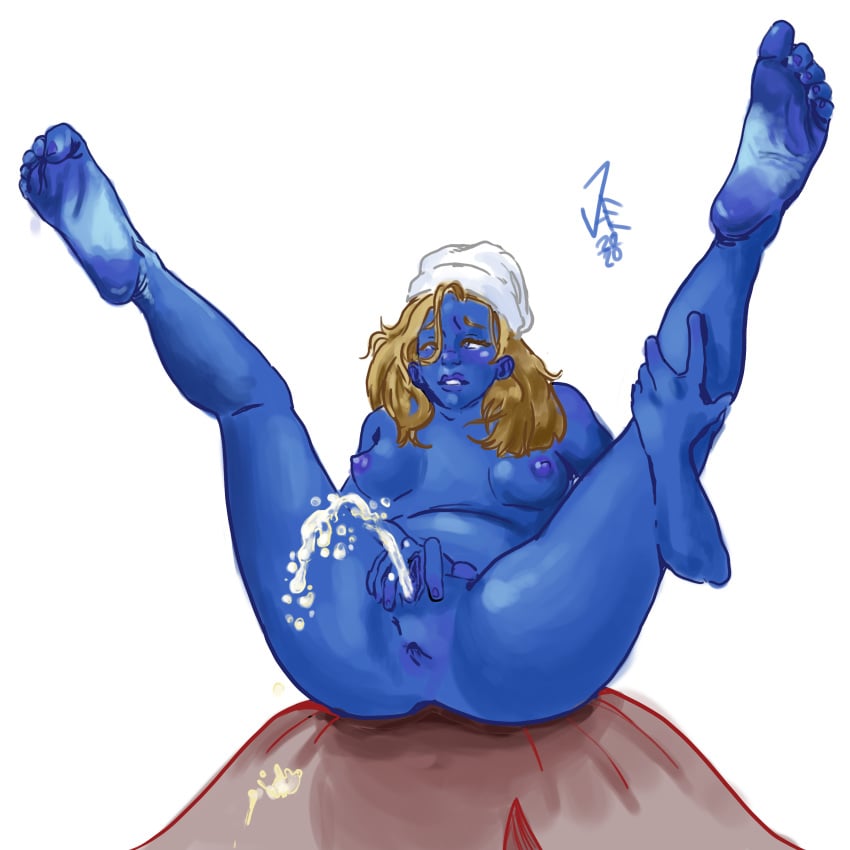 1girls ahe_gao bare_arms bare_legs barefoot blonde_hair blue_eyes blue_skin clenched_teeth eyes_rolling_back feet feet_up female female_only fingering hat jae-yo leaning_back masturbation micro minigirl pussy smurf smurfette soles solo spread_legs squirting toe_scrunch toes