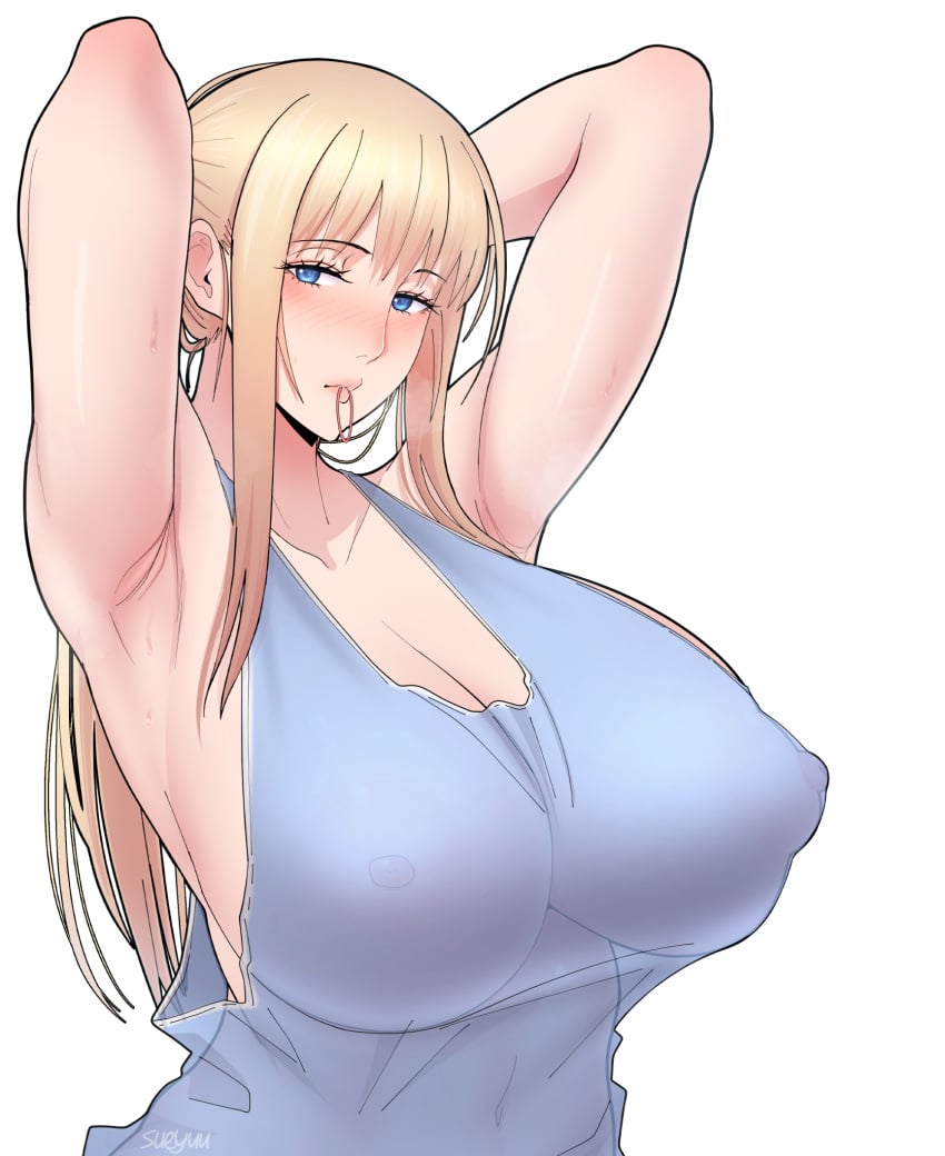 1girls armpits big_breasts blonde_hair blue_eyes blush breasts cleavage clothing copyright_request female_focus female_only highres kinpatsu_single_mother_to_icha_love_suru_hon long_hair looking_at_viewer nipples revealing_clothes simple_background solo sueyuu tsumino white_background