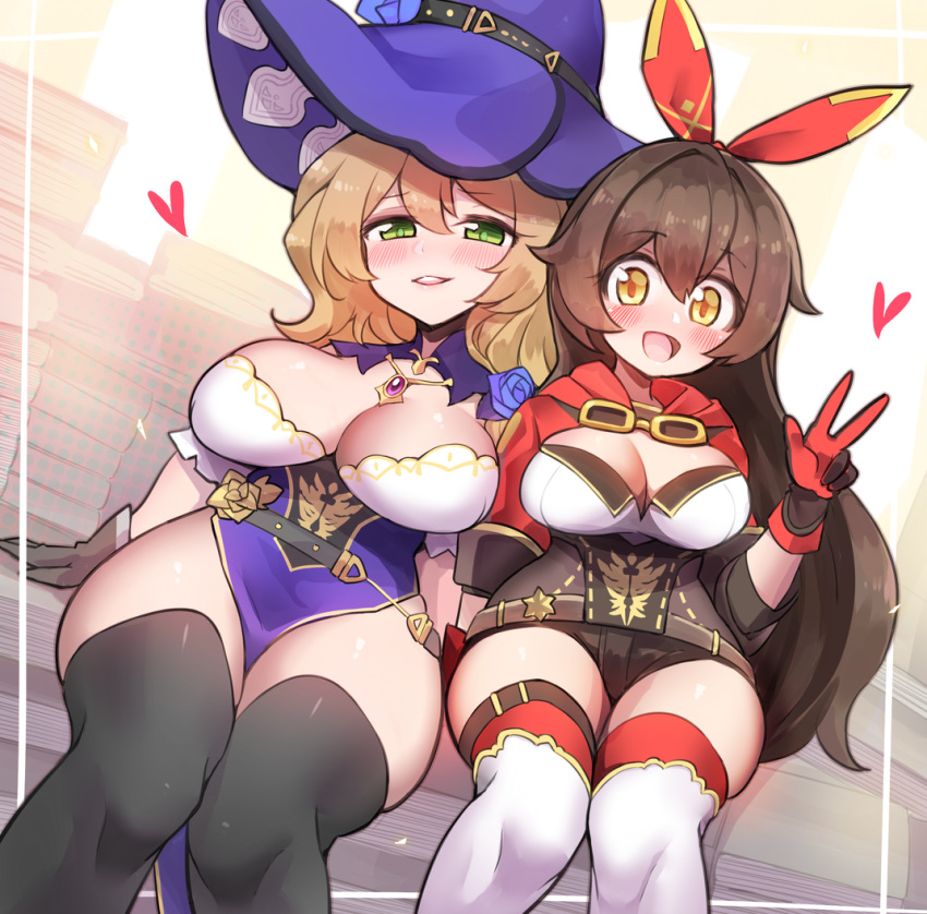 2girls :d amber_(genshin_impact) blush book boots breasts brown_hair cleavage ditienan_ddn genshin_impact gloves goggles green_eyes hair_ribbon half-closed_eyes hat heart large_breasts lisa_(genshin_impact) looking_at_viewer medium_breasts multiple_girls open_mouth pelvic_curtain ribbon shorts sitting smile thighhighs v witch_hat yellow_eyes